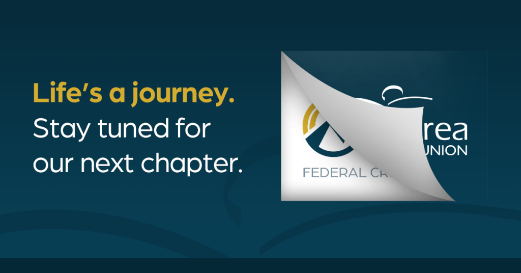 graphic of logo unveiling with text "Life's a journey. Stay tuned for our next chapter."